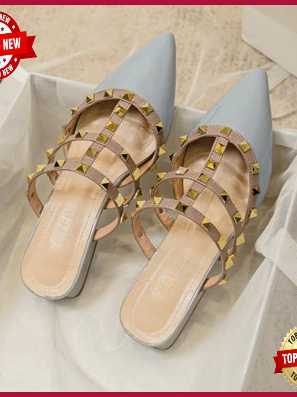 Patent Leather Pointed Toe Heeled Sandals with Rivet Studs Chunky Mid Heel - Picture 4 of 6